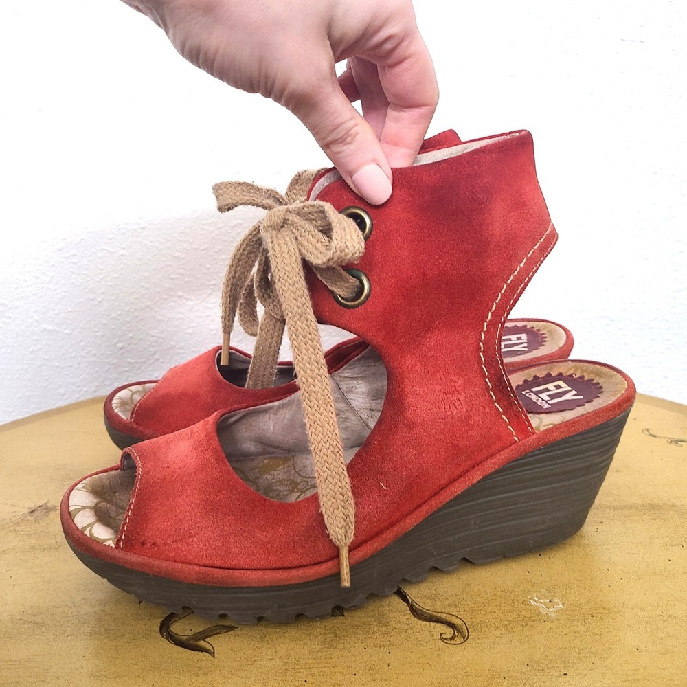 Fly London Yaffa EU 40 US 9 to 9.5 Red Suede Lace Up Wedge Platform Sandals - Picture 6 of 9